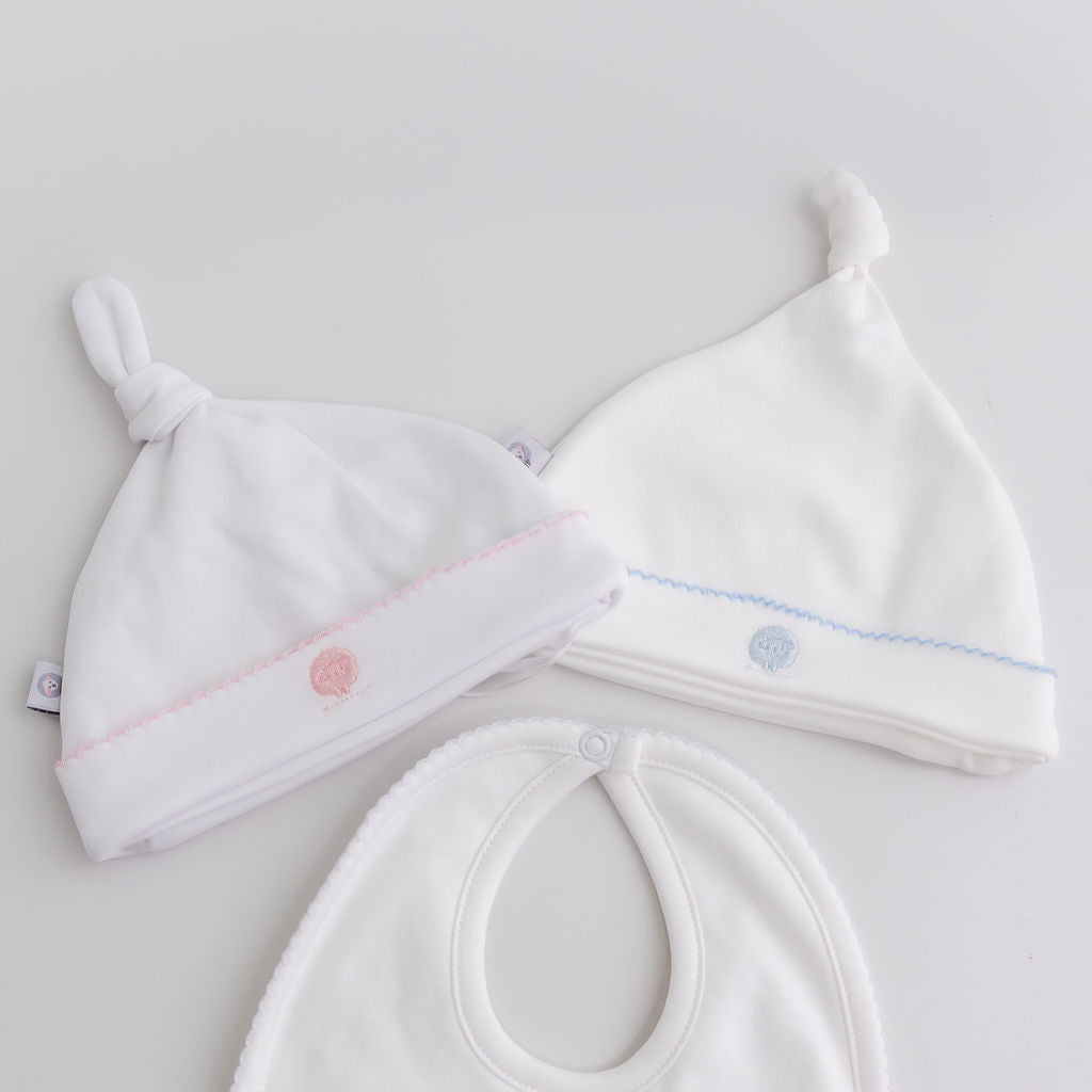 White Basic Pima Cotton Newborn Hat w/ pink monogram