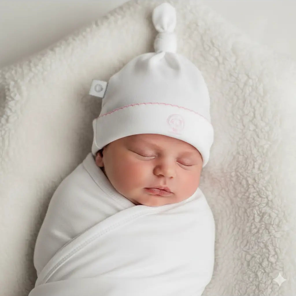 White Basic Pima Cotton Newborn Hat w/ blue monogram