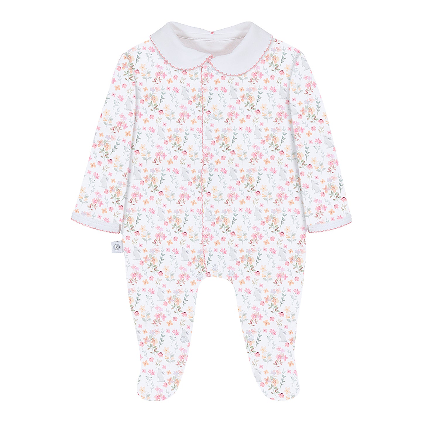 Floral patterned baby onesie with a white collar on a white background