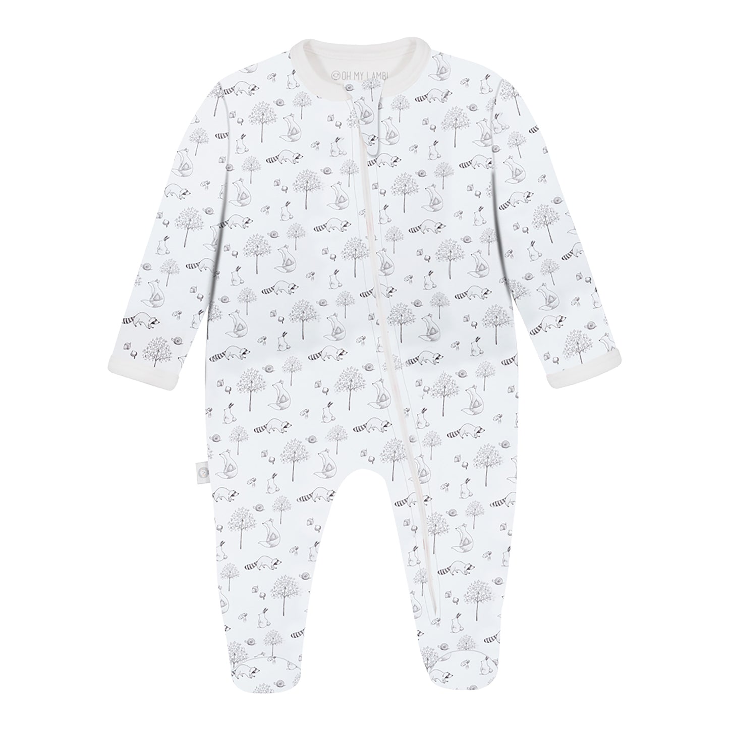 White baby onesie with black floral pattern on a white background