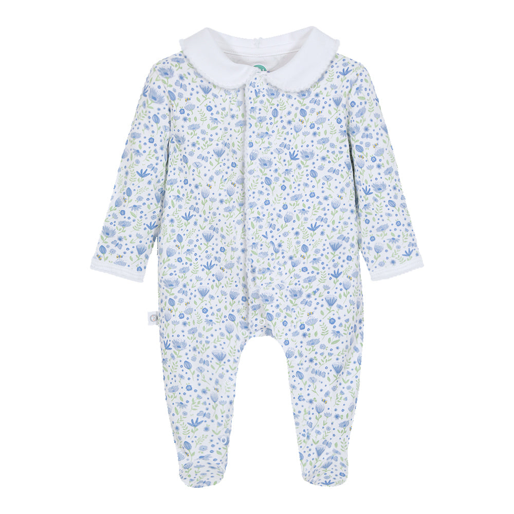 Blue Flowers Baby Footie w/Collar