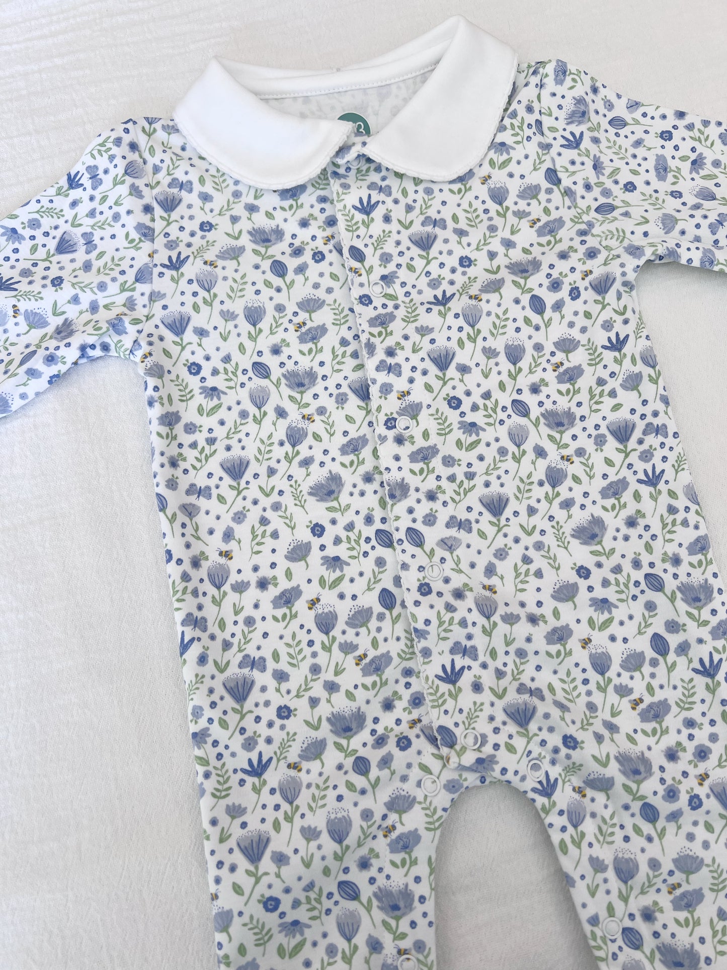 Blue Flowers Baby Footie w/Collar