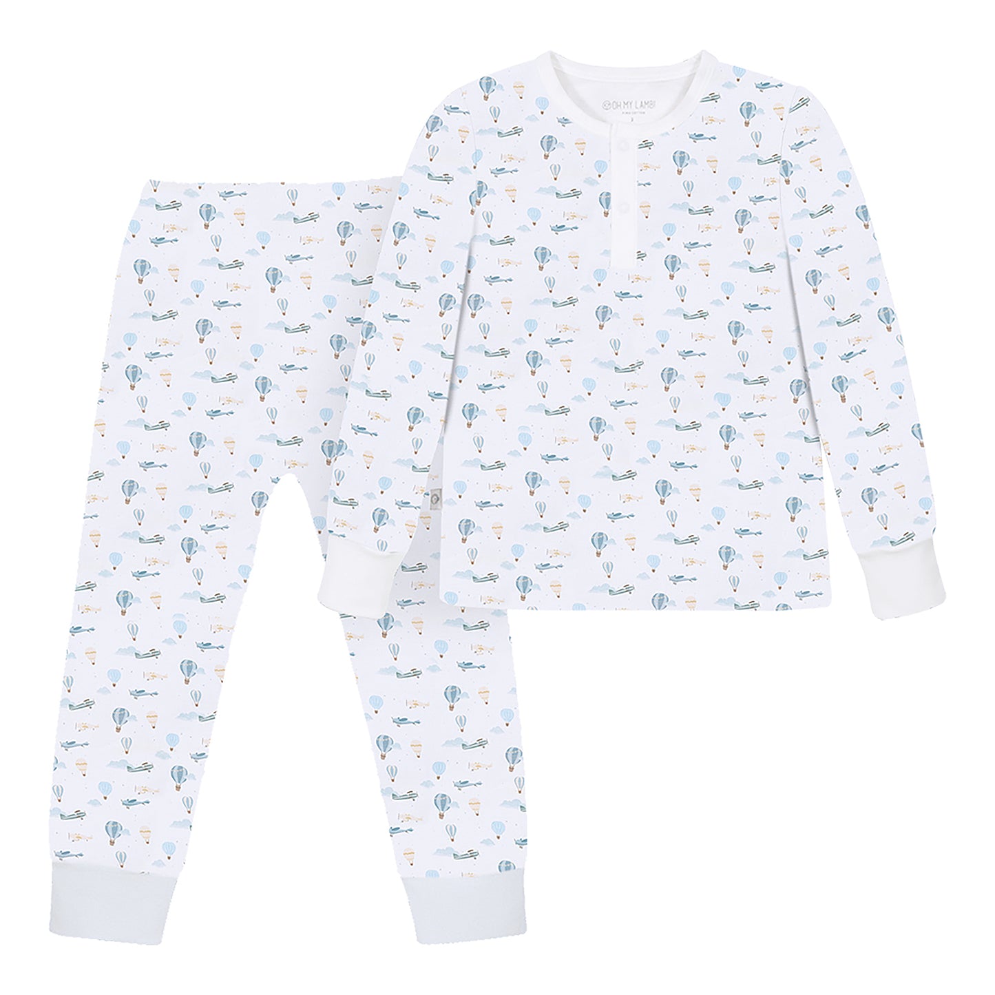 Children's pajama set with airplane pattern on a white background