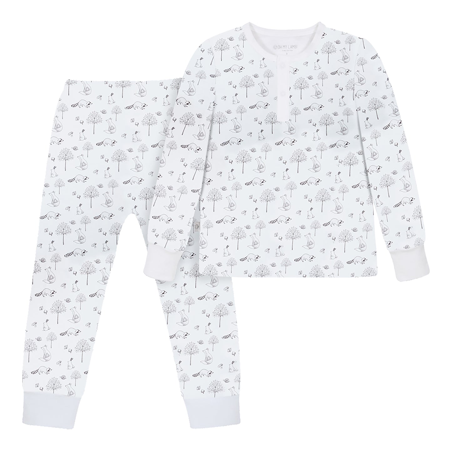 Children's white pajama set with nature print on a white background