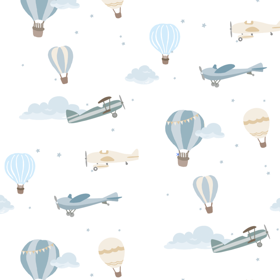 Pattern of hot air balloons and airplanes on a white background