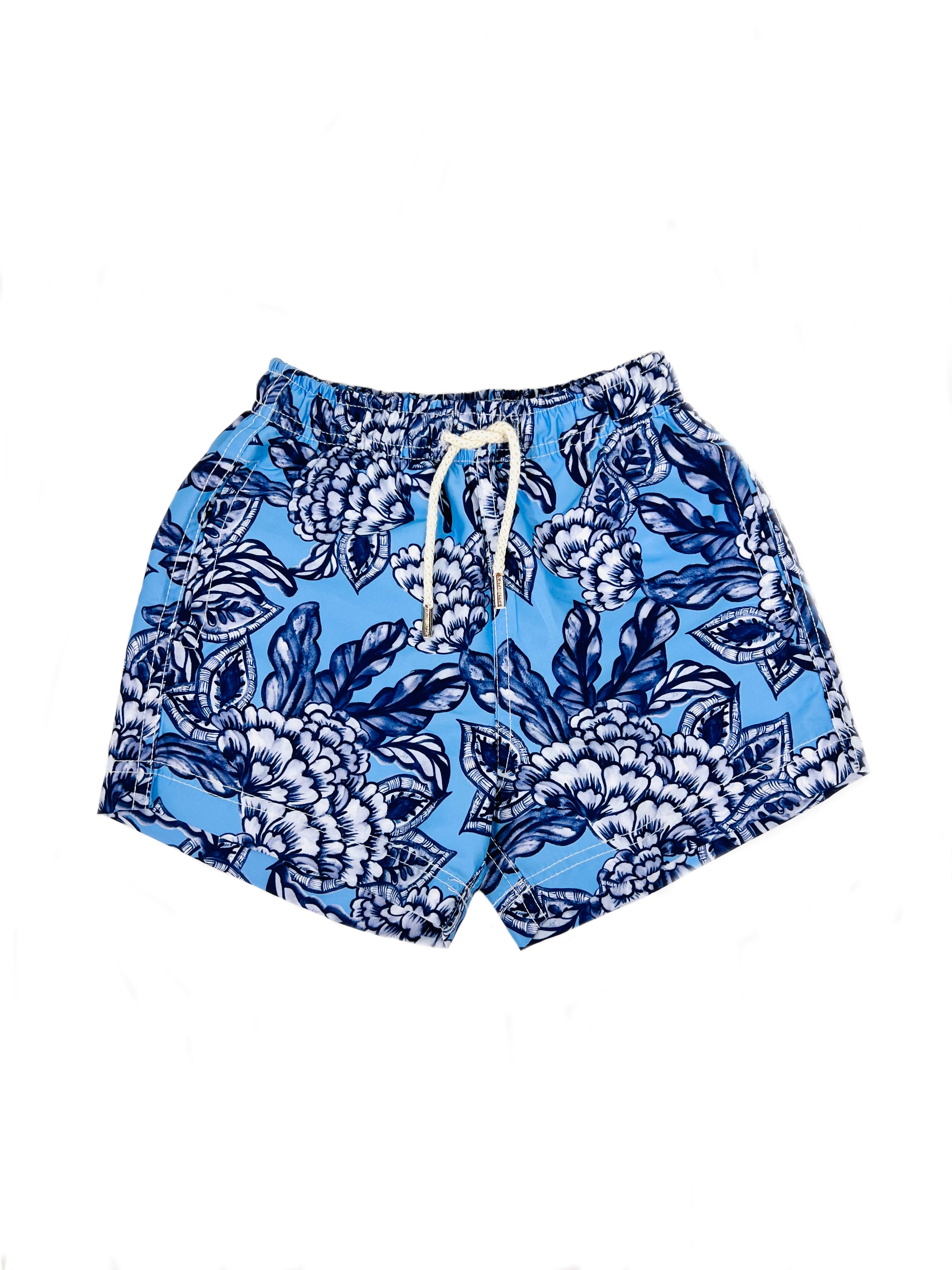 Watercolor Floral Print Swim Short In Blue