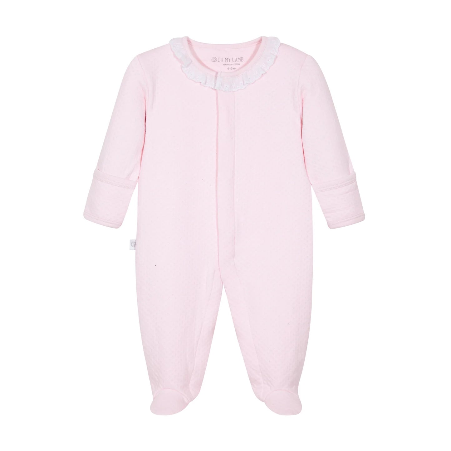Pink baby onesie with ruffled collar on a white background