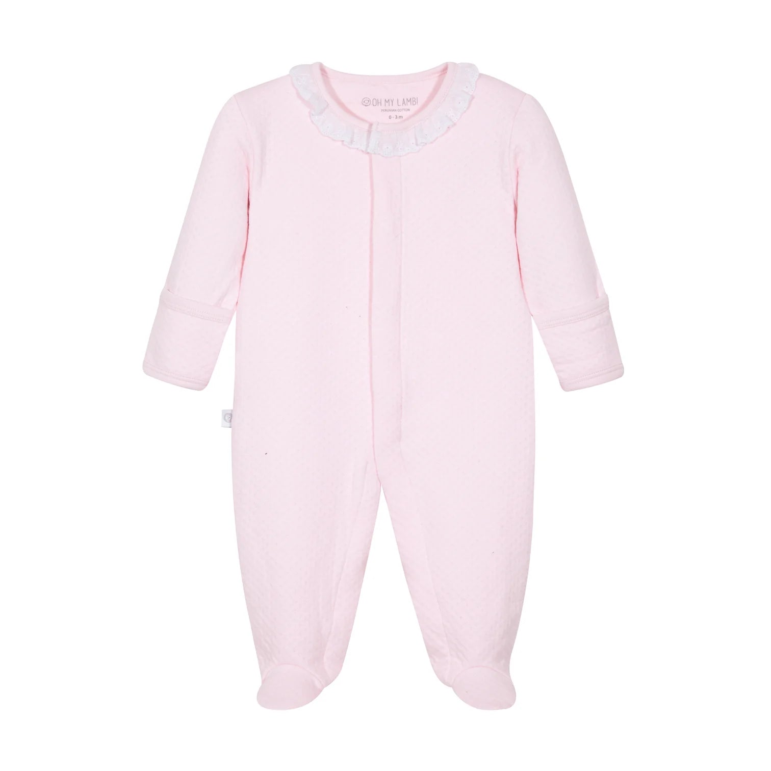 Pink baby onesie with ruffled collar on a white background