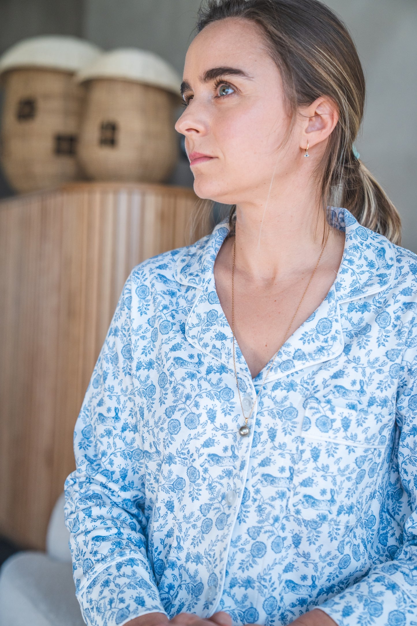 Floral Bunnies Woman's Pima Cotton Long Pajama Set