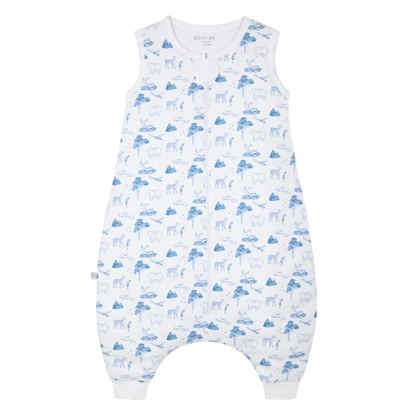 Baby romper with blue animal pattern on a white background
