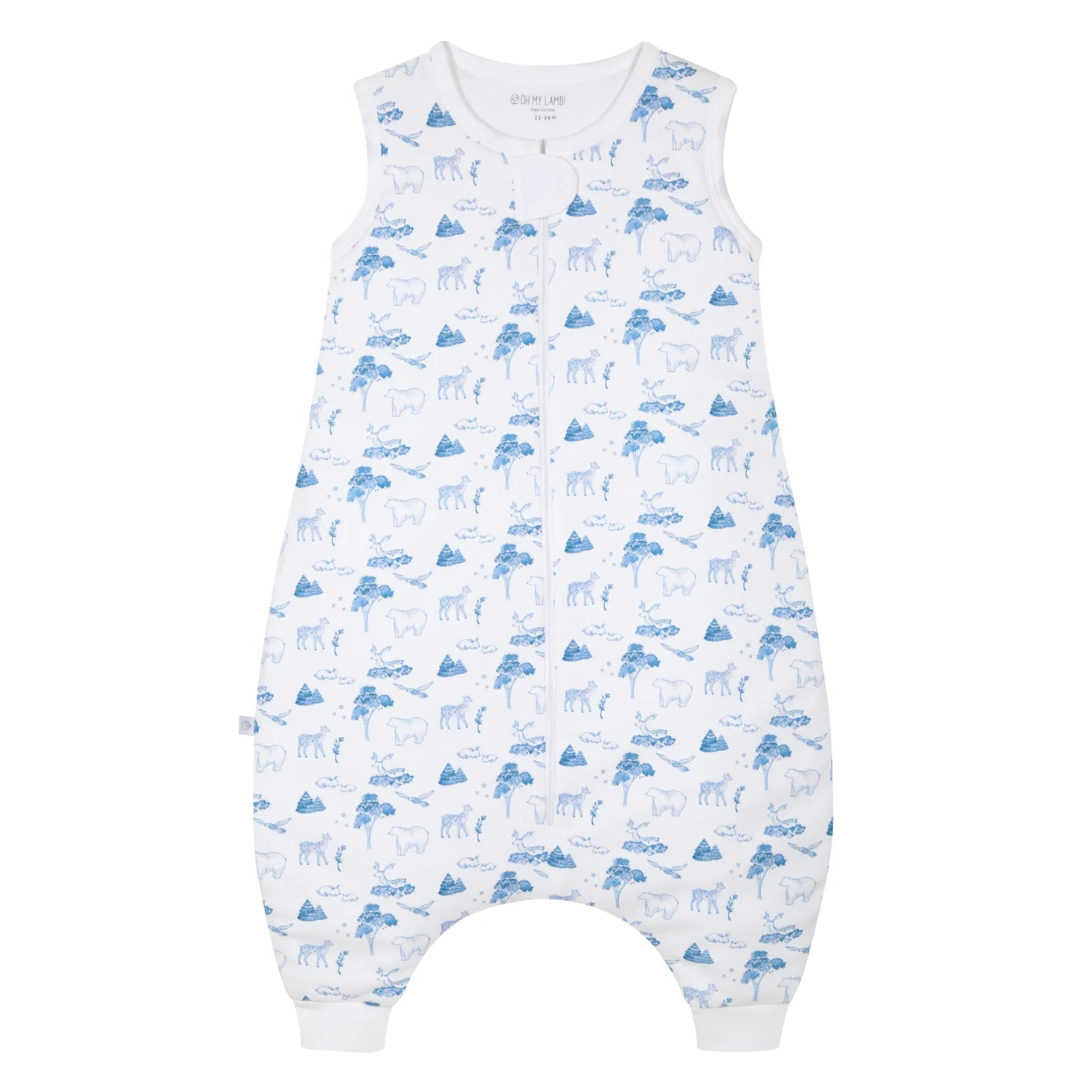 Baby romper with blue animal pattern on a white background
