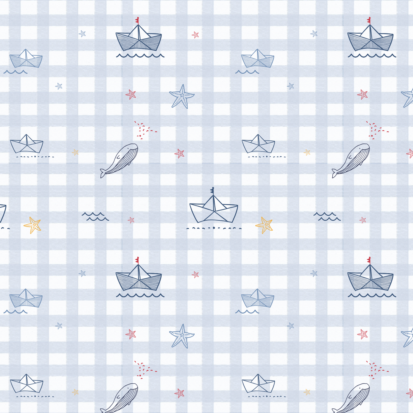 Pattern of paper boats, whales, and stars on a checkered background
