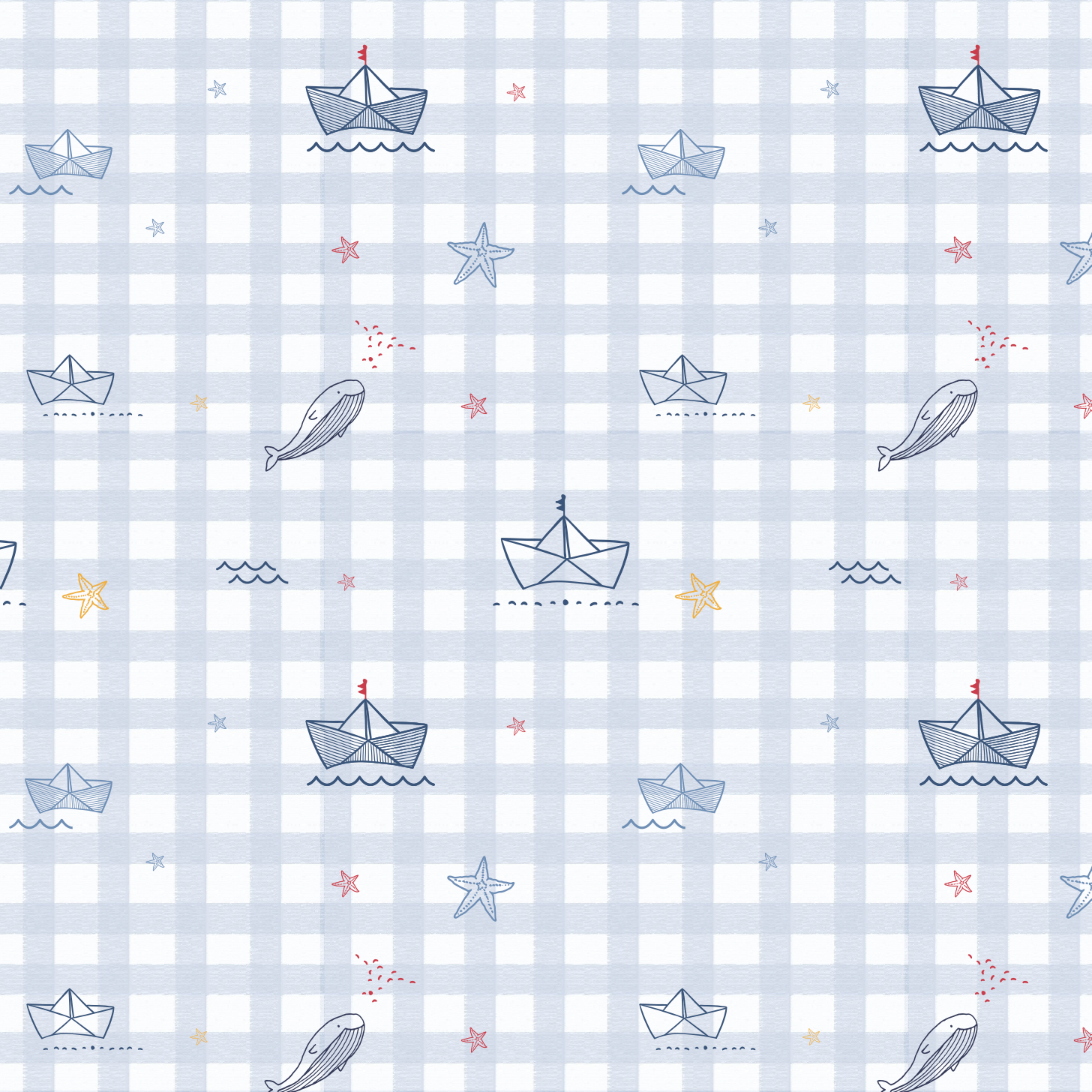 Pattern of paper boats, whales, and stars on a checkered background