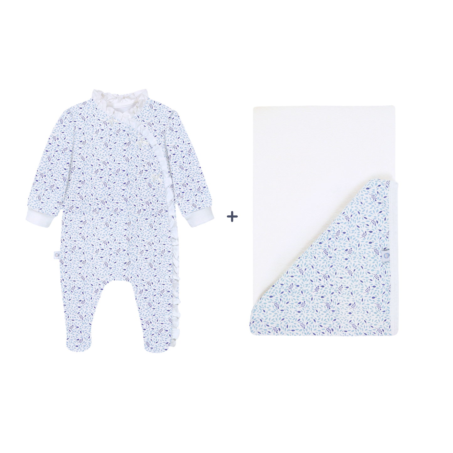 Blue Leaves Set: Baby Footed PJ + Hooded Towel