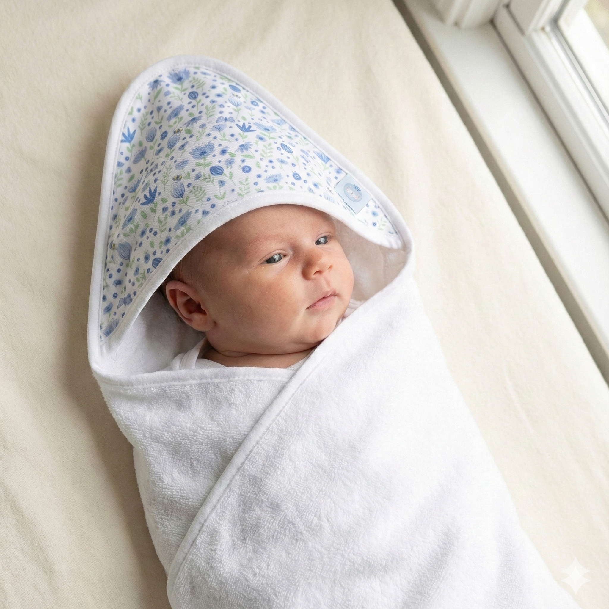 Baby wrapped in a floral hooded towel on a light surface.