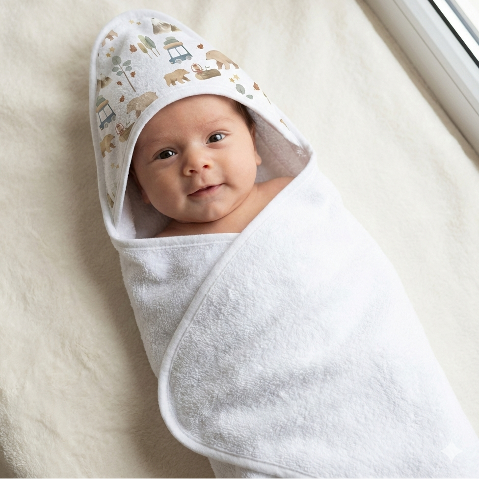 Baby wrapped in a hooded towel with animal pattern, lying on a soft surface.