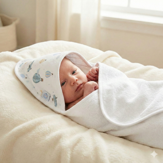 Newborn baby wrapped in a white swaddle with a patterned hood, lying on a soft surface.