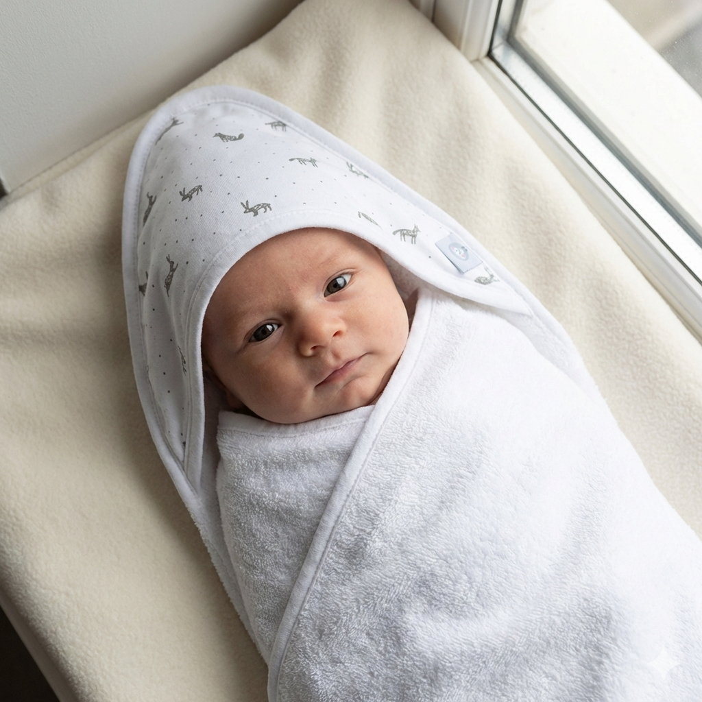 Newborn baby wrapped in a white blanket with small patterns, lying on a beige surface.