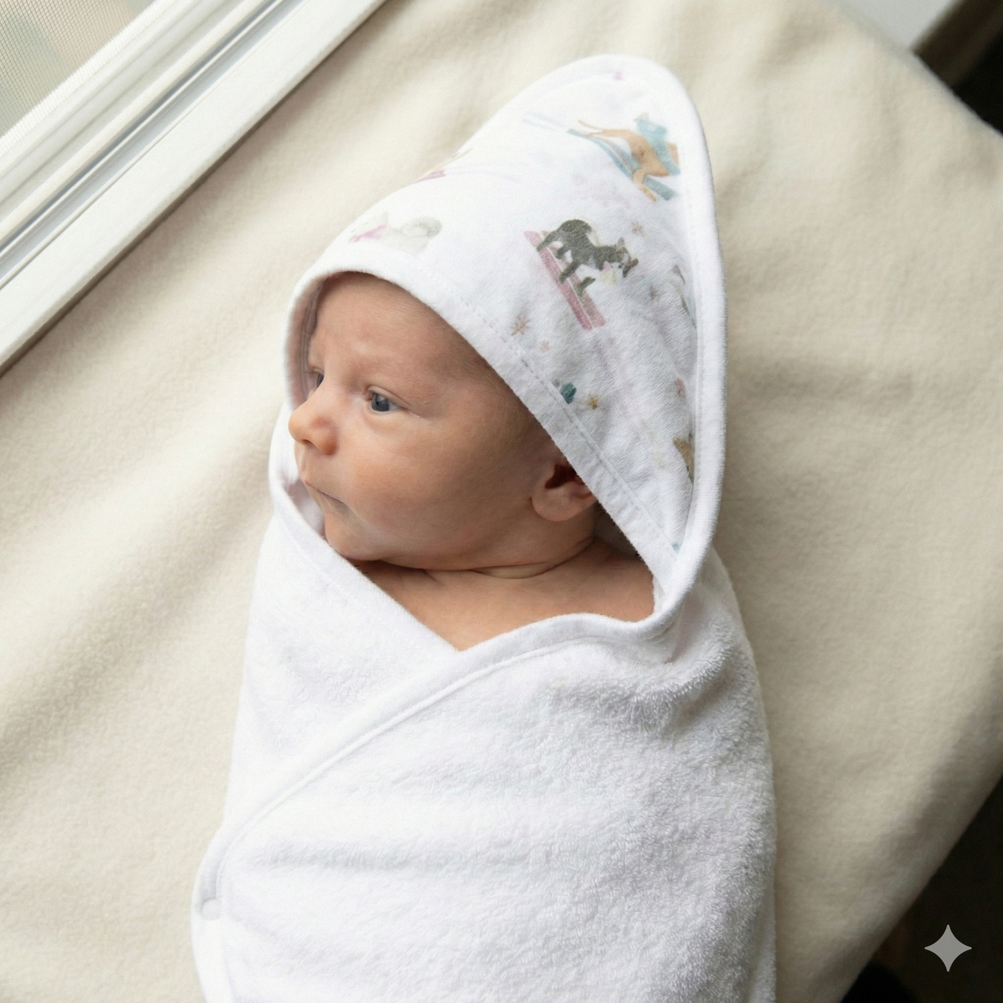 Newborn baby wrapped in a white hooded towel with animal patterns on a beige surface.
